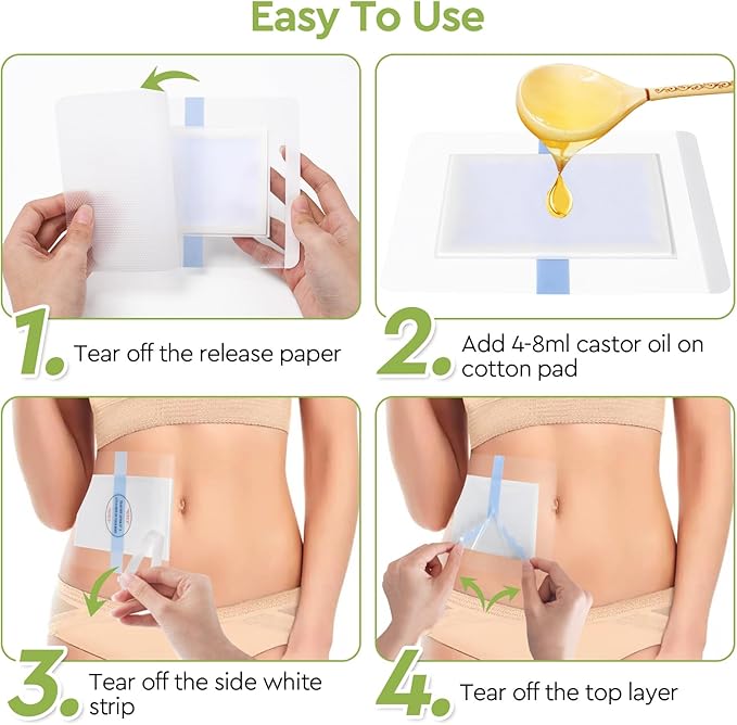 20pcs Castor Oil Pack Wrap, Castor Oil Patches for Abdominal Area, Silicone Gel Technology for Gentle Sensitive Skin Comfort, Low Sensation Wear, Painless Removal