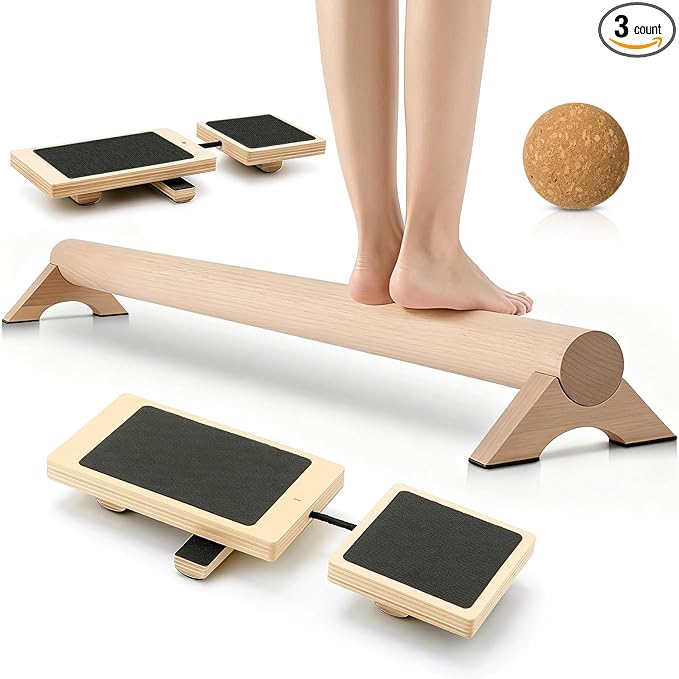 Balance Trainer Kit, 40 Inch Beech Wood Balance Beam with Adjustable Foot Trainers and Cork Massage Ball for Ankle Strengthening and Plantar Fasciitis Relief