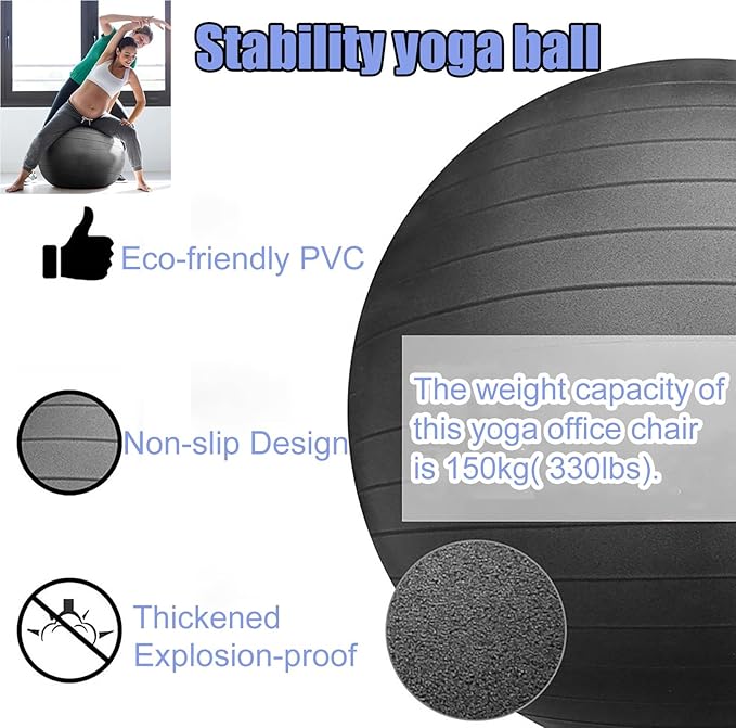CMYUN Yoga Ball Chair Stability Exercise Ball Chair for Office, Black Yoga Ball Chair with Wheels & Back Support, PVC Balance Ball Seat to Relieve Back Pain