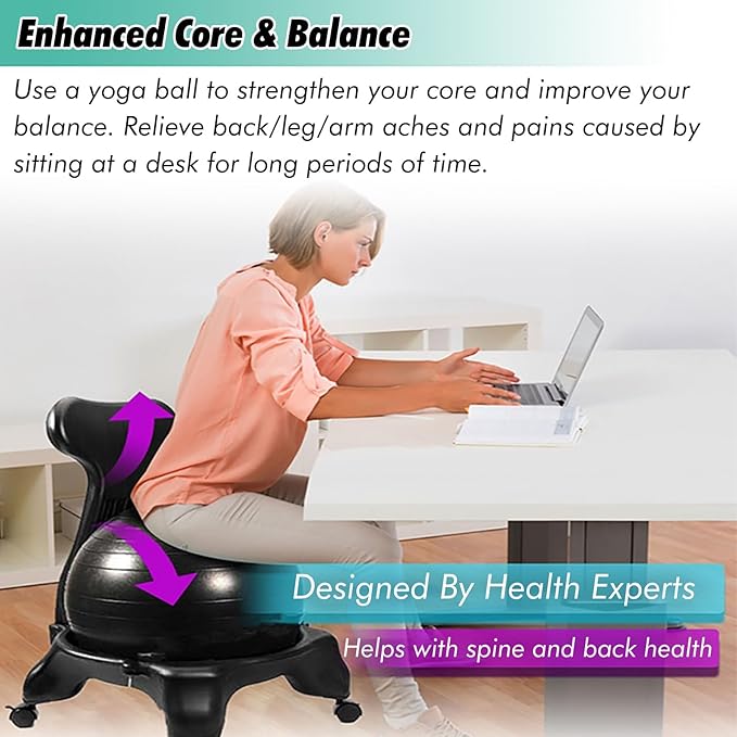 SRNSAEB Exercise Ball for Sitting at Desk, Home Balance Ball Chair Base for Yoga/Pilates/Birthing - Relieve Back Pain, Fitness Ball Seat with Air Pump/Screws(Blue)