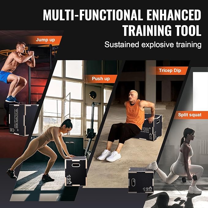 VEVOR 3 in 1 Plyometric Jump Box, Easy-to-Assemble Wood Plyo Box for Jumping Trainers, Home Gym Training and Conditioning