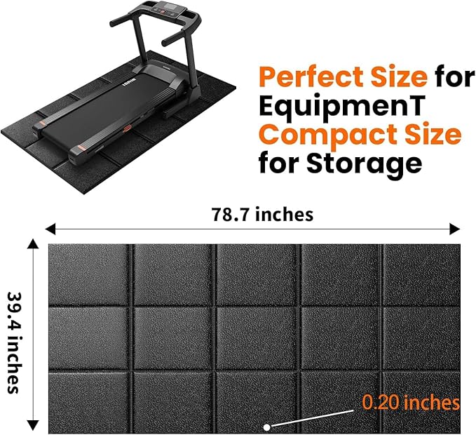 Treadmill Mat 79" x 39", 5mm Thick, for Under Treadmill, Walking Pad & Exercise Bike on Carpet & Hardwood Floors, Non-Slip Stripe Design, Waterproof Floor Protector, Noise & Shock Absorbing
