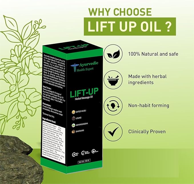 Lift-up 50ml | 100% Pure & Natural Herbal Massage Oil for Men | Boosts Strength, Stamina & Vitality | Chemical-Free Ayurvedic Formula for External Use (50 Ml Pack of 1) 1.6oz