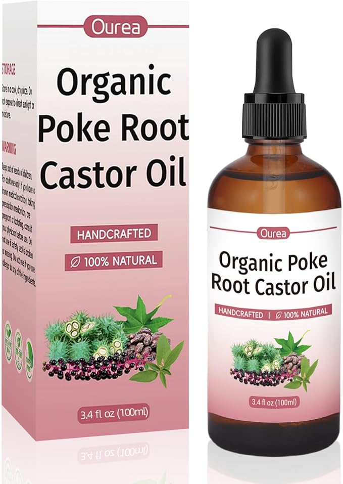 Poke Root Castor Oil Organic - 3.4 Fl Oz - Lymphatic Support Massage Liquid, Supports Boils, Fibroids, Cysts, Swollen Lymph Nodes, Breast & Joint Health, Natural Deep Tissue Relief Drops