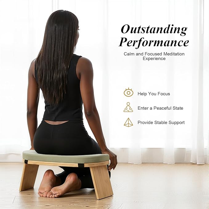 Meditation Bench, Foldable Ergonomic Meditation Stool Foldable Bamboo Kneeling Meditation Wooden Bench Yoga Stool Floor Sitting Prayer Bench for Yoga or Sitting (Green)