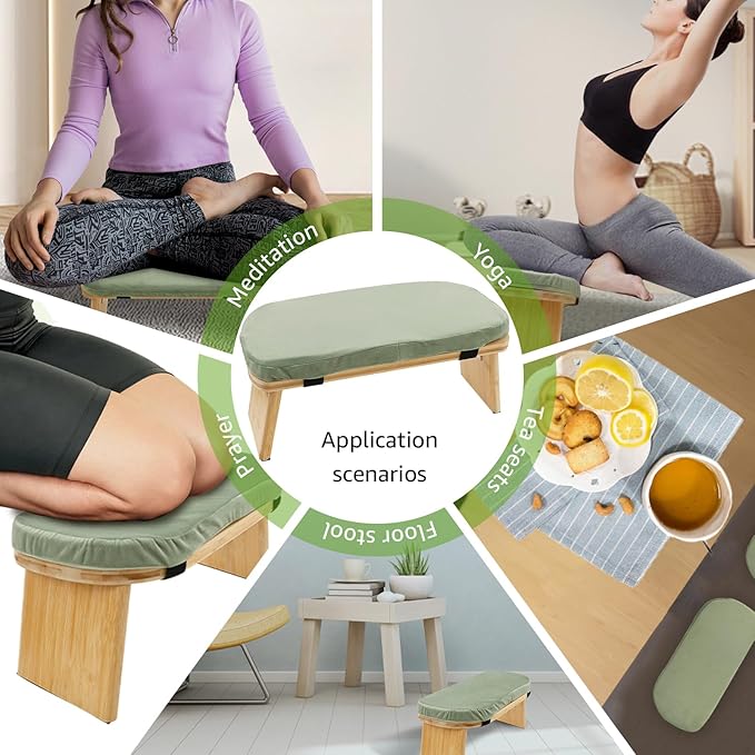 Folding Meditation Bench, Bamboo Kneeling Stool with Cushion, Portable Meditation Chair, Yoga Stool, Yoga Bench, Zen Practice, Comfortable Kneeling Chair, 16.9x7.5x7.1in (Green)