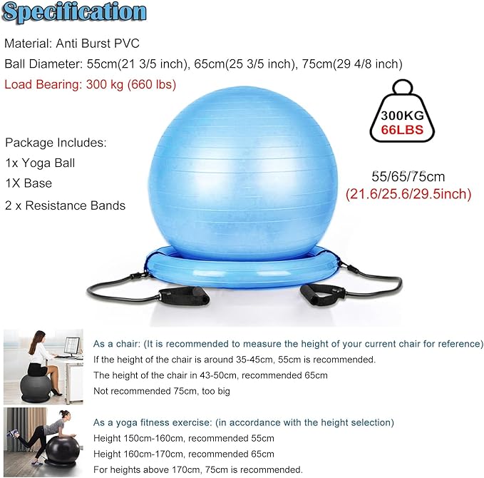 Large Yoga Ball Chair for Sitting at Desk, Lightweight Birthing Ball/Stability Ball/Balance Ball Seat Office Chair, Self-Standing Ergonomic Exercise Ball Chairs(Diameter 65cm(25 3/5 inch))