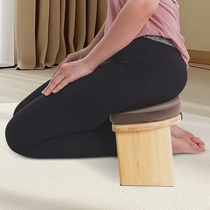 Foldable Meditation Bench with Cushion,Bamboo Meditation Stool,Portable Kneeling Stool,Prayer Bench,Brown,Wood Color