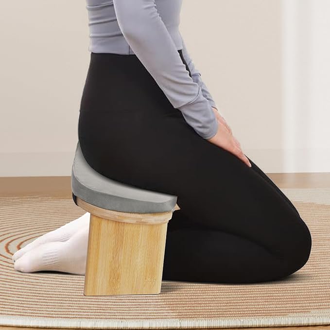 DYNAMI Bamboo Meditation Bench with Sponge Cushion, Portable Foldable Ergonomic Meditation Stool,Wooden Kneeling Stool for Yoga Sitting Prayer,Load Capacity 396lbs (Gray)