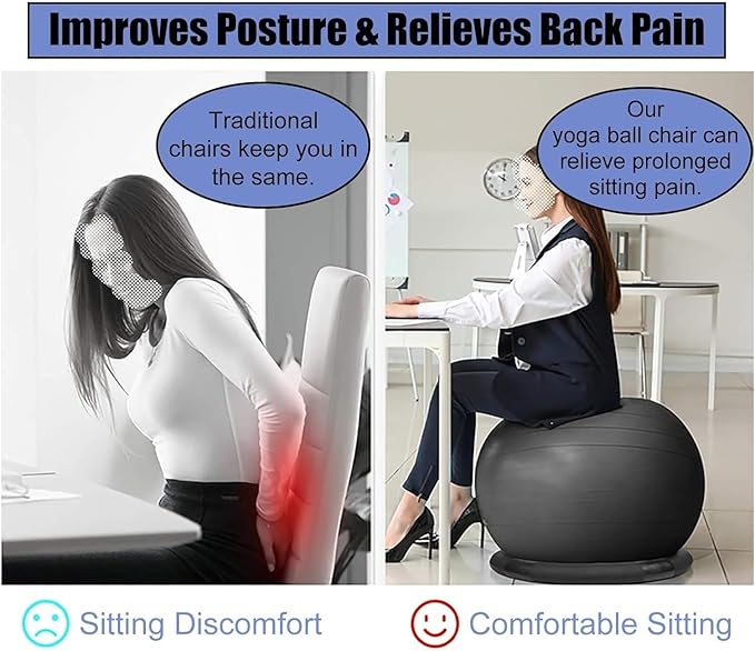 Yoga Ball Chair,Yoga Ball，Exercise Ball, Office Ball Chair with Base & Pump Stability Yoga Ball Seat for Back Pain Relief Home Gym Exercise Ball Chair for Core Strength Training(Black,Diameter 75cm (