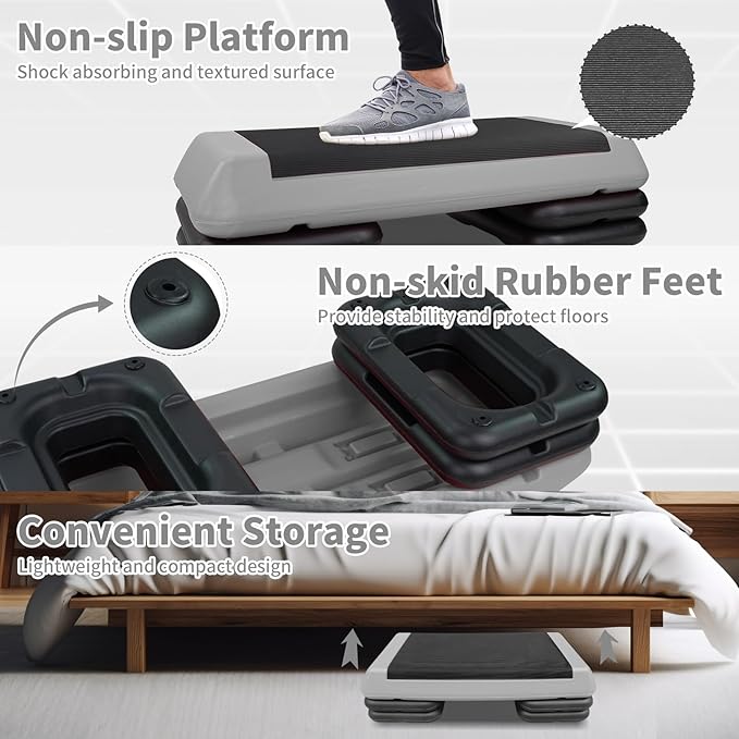 Adjustable Aerobic Stepper Workout Step with 4 Risers Fitness & Exercise Platform Trainer