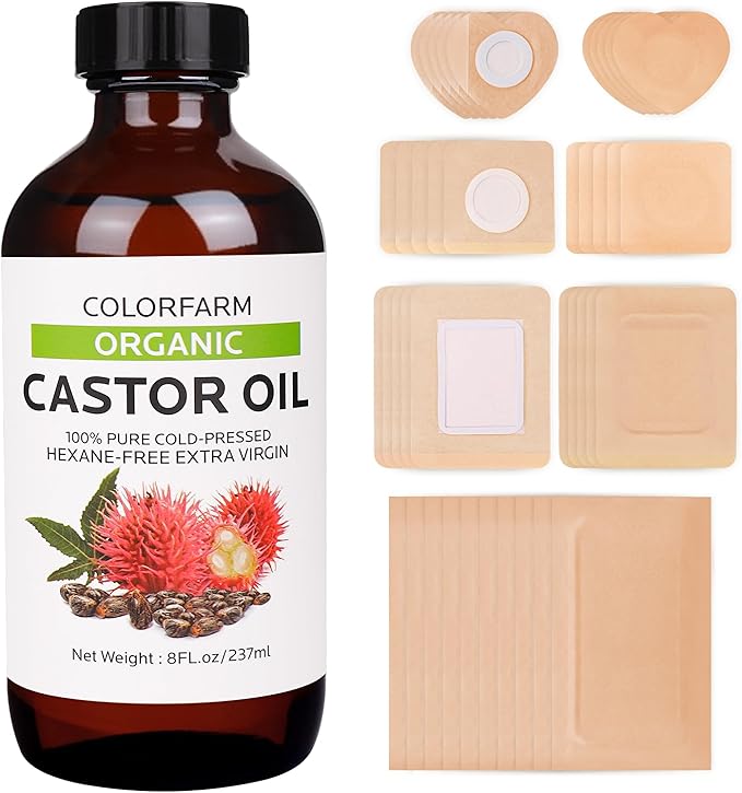 40 Pcs Castor Oil Pack Wrap: Organic Cold Pressed Castor Oil 8Fl Oz with Disposable Patches - Self-Adhesive Anti Leakage Patch for Liver Stomach Belly Button