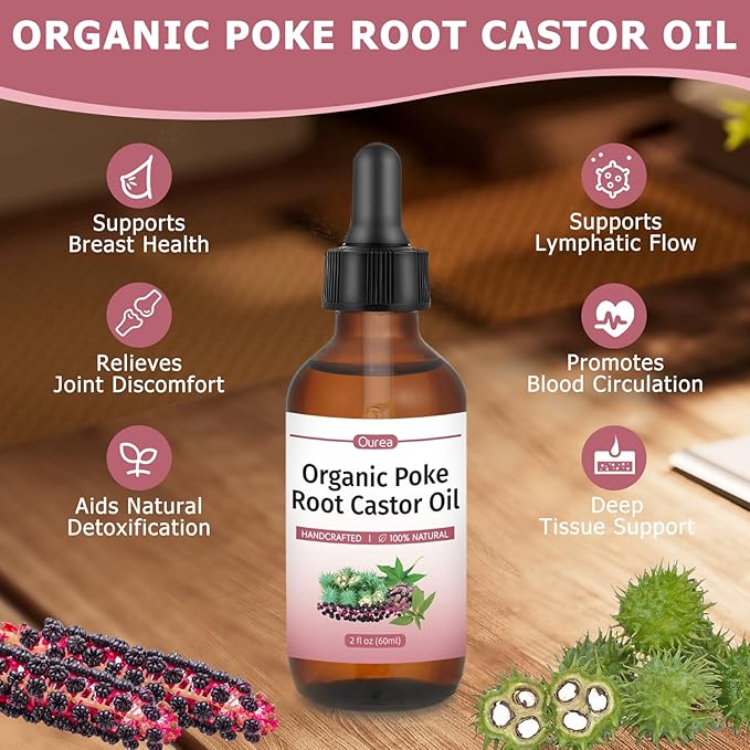 Poke Root Castor Oil Organic - 2 Fl Oz - Lymphatic Support Massage Liquid, Supports Boils, Fibroids, Cysts, Swollen Lymph Nodes, Breast & Joint Health, Natural Deep Tissue Relief Drops