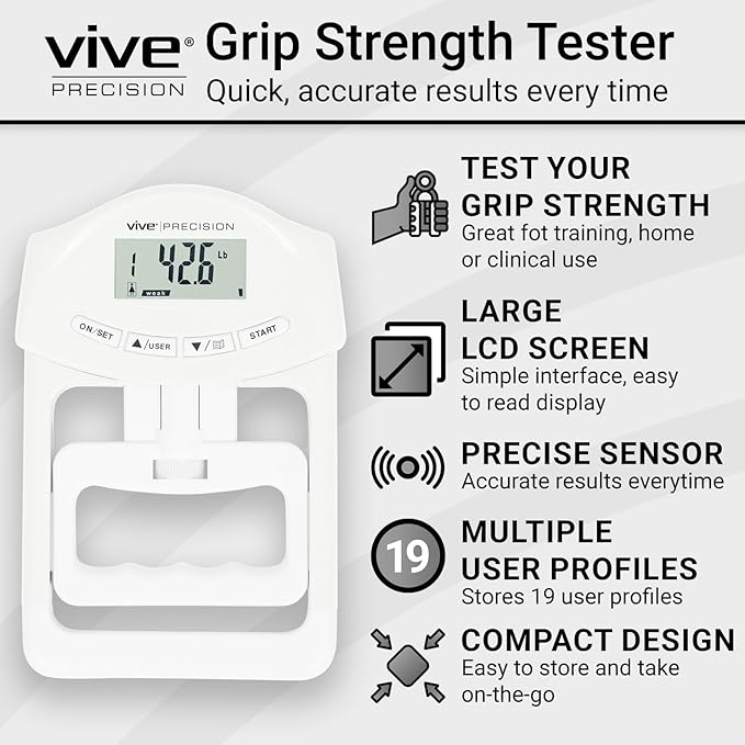 Vive Precision Grip Strength Tester - Hand Grip Dynamometer - Handheld Digital Grip Measurement Meter Device Trainer Power 198 Lbs / 90 Kgs - Strengthener Exerciser for Sports, School and Home Use