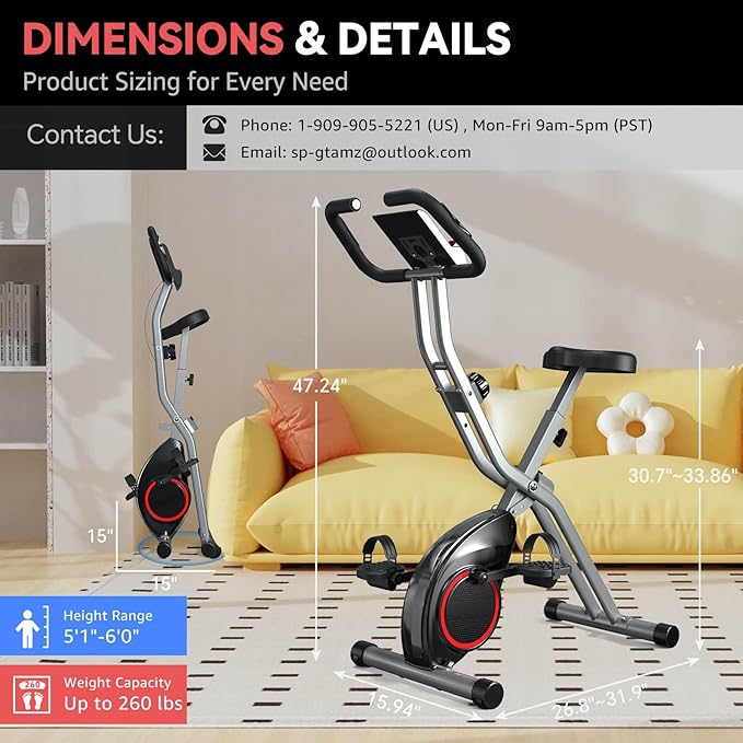 Indoor Exercise Bike Stationary Bikes for Home with 16-Level Magnetic Resistance, Lightweight Foldable Cycling Bike with 70% Pre-Assembled, 260 LBS Capacity, Flywheel of 5.5 LBS for Quiet Home Workout
