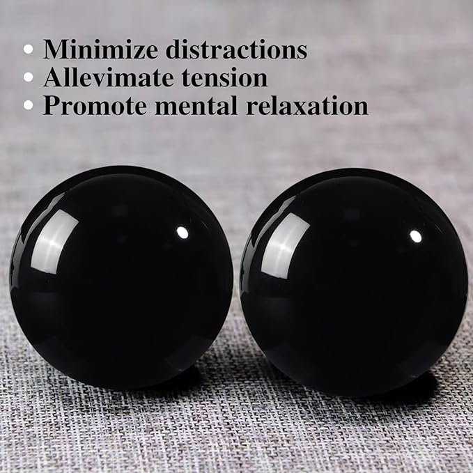 Obsidian Baoding Balls for Hand Therapy, Traditional Massage Chinese Ball for Adults Health Exercise Stress Relief Balls with Carry Pouch, Black Obsidian, X-Large-2"