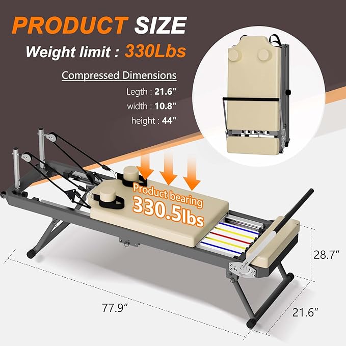 Foldable Pilates Reformer, Pilates Machine & Equipment for Home Use and Gym Workout, Suitable for Beginners and Intermediate Users