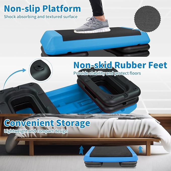Adjustable Aerobic Stepper Workout Step with 4 Risers Fitness & Exercise Platform Trainer