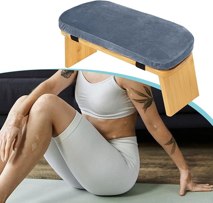 Meditation Bench Prayer Bench with Soft Cushion Wooden Comfortable Portable Folding Kneeling Stool Prayer Stool, Gray Blue