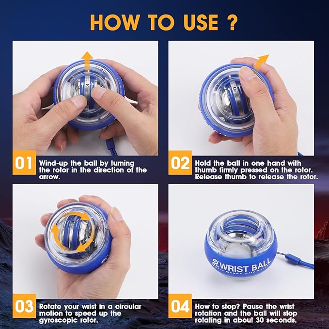 Auto-Start Gyro Ball Wrist Trainer, Gyroscopic Forearm Exerciser for Strengthening Arms, Fingers and Muscles (Blue No Light)