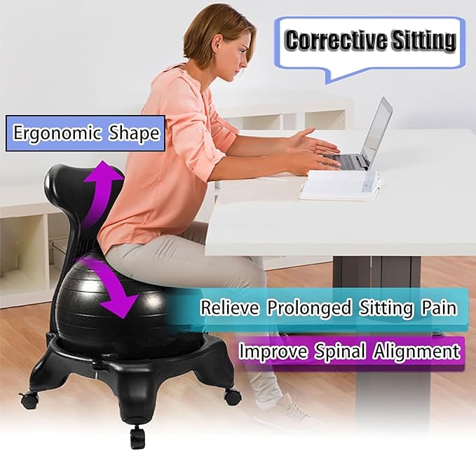 CMYUN Yoga Ball Chair Exercise Ball Chair for Office, Stability Ball Seat for Relieving Sedentary Pain, Ergonomic Yoga Ball Chair for Classroom, Lockable Wheels