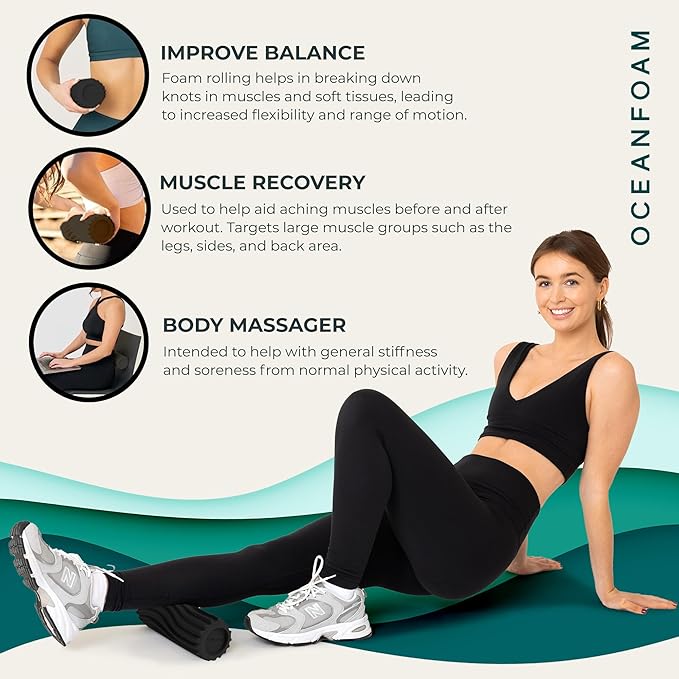 Oceanfoam Ripple Travel Foam Roller (11" x 3.35") Firm Mini Foam Roller for Physical Therapy, Deep Tissue Massage, Back Pain - High Density, Ergonomic Wave Textured, Yoga, Pilates, Exercise (Charcoal)