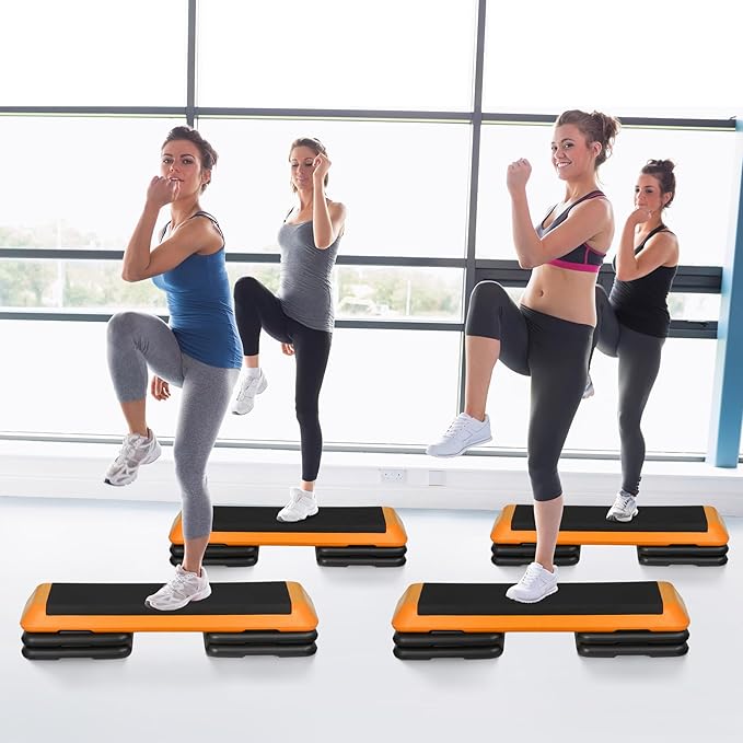 43 Inches Aerobic Step Platform 3 Levels Adjustable Aerobic Stepper with 4 Extra Risers and Anti Slip Surface, Exercise Training Workout Equipment for Home&Gym Cardio Strength & Training