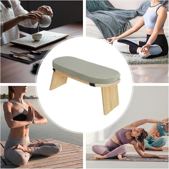 Meditation Bench, Portable Bamboo Meditation Bench Ergonomic Meditation Stool Comfortable Folding Kneeling Meditation Bench with Meditation Cushion for Longer Meditation (Green)