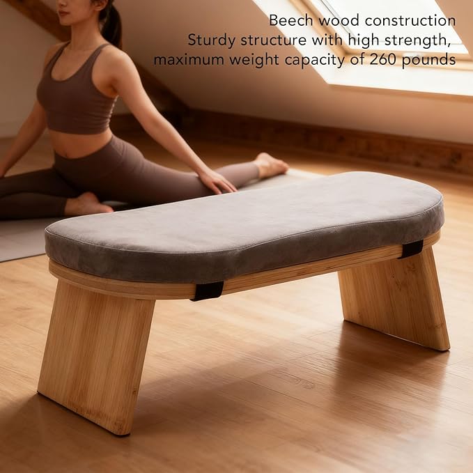 Asixxsix Meditation Bench, Folding Beech Wood Kneeling Stool with Soft Cotton Cushion and Magnetic Locking Hinge, 220lbs Load Capacity Anterior Tilt Prayer Bench for Home