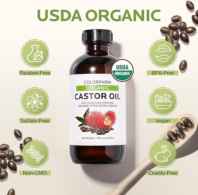 Cold Pressed Organic Castor Oil: Nourishing Treatment for Hair and Skin - 100% Pure and Natural Unrefined Hexane-Free Glass Bottle 8Fl Oz
