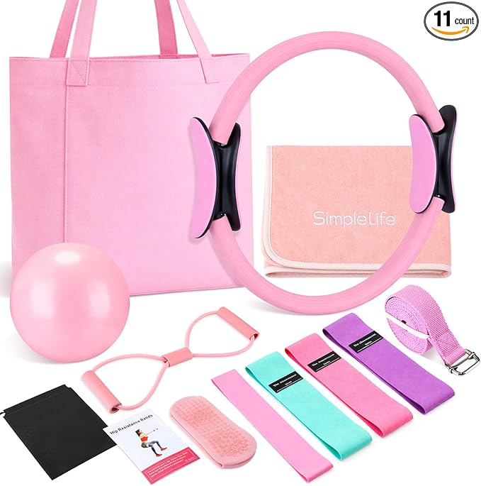 11 Pcs Pink Yoga Accessories Set for Women, Home Pilates Essential Kit for Workout Gym Lover Gifts with Yoga Mat Magic Circle Tote Bag 3 Resistance Bands Strap Socks Towel Ball TPE Loop