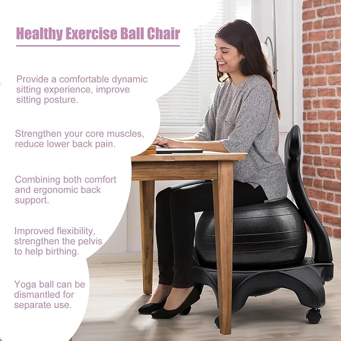 Yoga Balance Ball Chair Dark Pink, Exercise Ergonomic Chair for Home Office, Stability Ball Chair with Air Pump ＆ Legs, Anti-Burst Ball