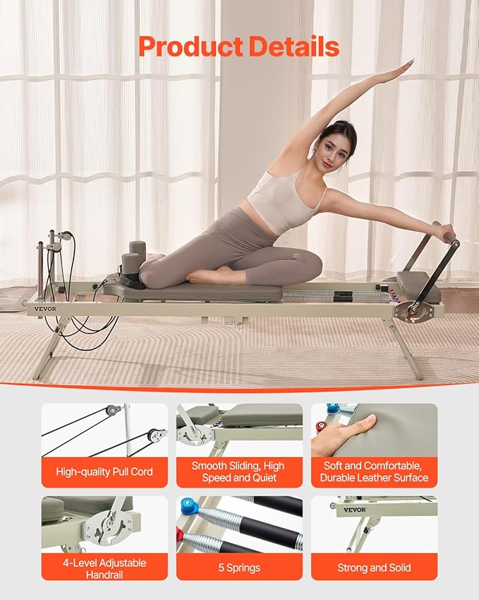 VEVOR Pilates Reformer, 91" Foldable Reformer Pilates Machine with Adjustable Reformer Heights, Pilates Equipment for Home Gym Studio Use with Dual Resistance Spring and Jump Boards