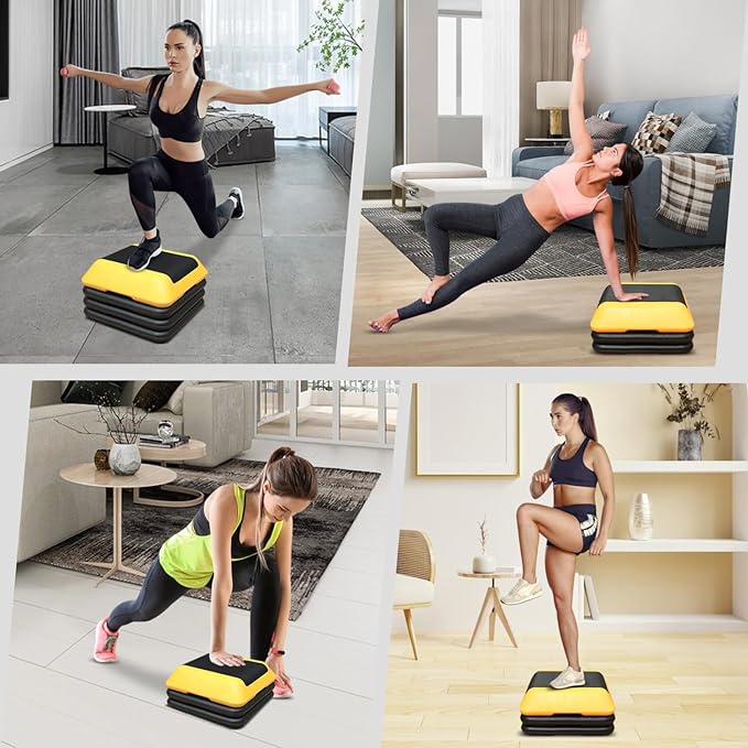 Height-Adjustable Step Aerobics Platform Fitness Equipment Stepper Trainer Exercise Step Platform with 4 Riser Yellow Plastic Yellow Adjustable Height Riser Home Gym Essential