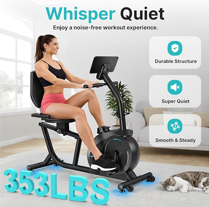 Recumbent Exercise Bike for Home with App Sync, 16-Level Magnetic Resistance, Quiet Recumbent Bike with Adjustable Seat & LCD Display for Adults and Seniors