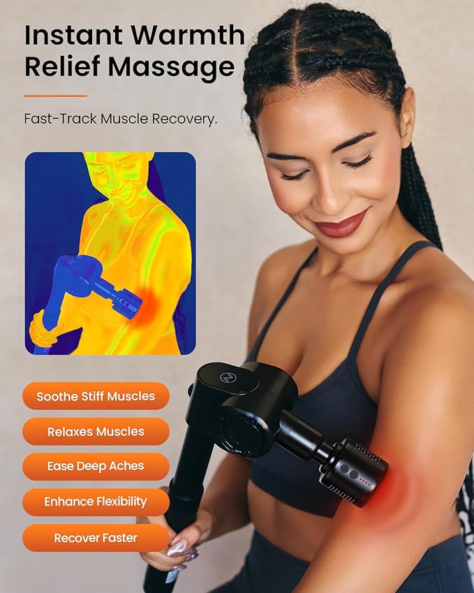 NAPRE Massage Gun with Heat and Cold Head,Deep Tissue Percussion Back Massager for Muscle/Neck/Body Pain Relief with Long Extension Retractable Handle,32-Speeds,Foldable with 5 Adjustable Angles