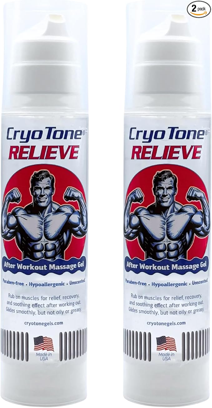 Relieve Post-Workout Massage Gel 2-Pack, Muscle Recovery Rub for Athletes – Hypoallergenic, Fragrance-Free, Non-Greasy Formula with Metered Pump, Made in USA, 6.76 fl oz Each