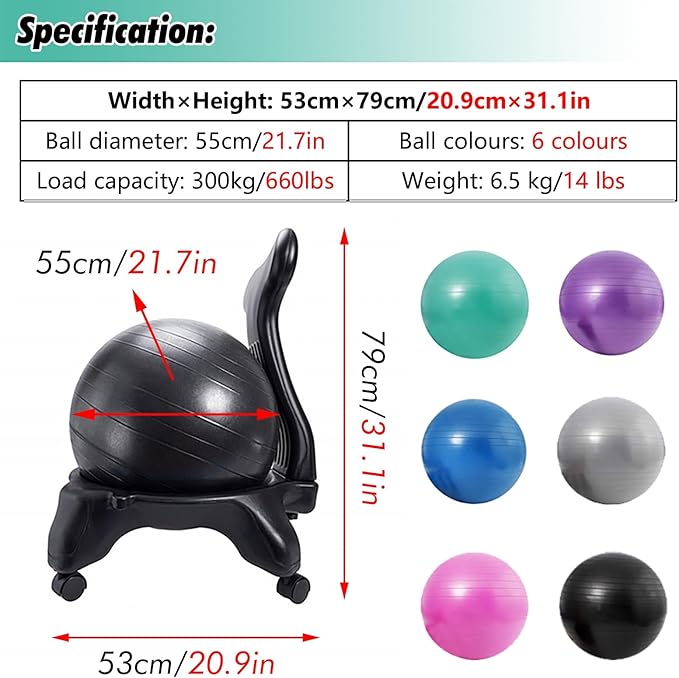 SRNSAEB Home Yoga Ball Chair Adjustable Height for Adults Office, Inflatable Ergonomic Sitting Ball Chair/Stability Ball for Office with Base, Slip Resistant Balance Ball Chairs(Purple)