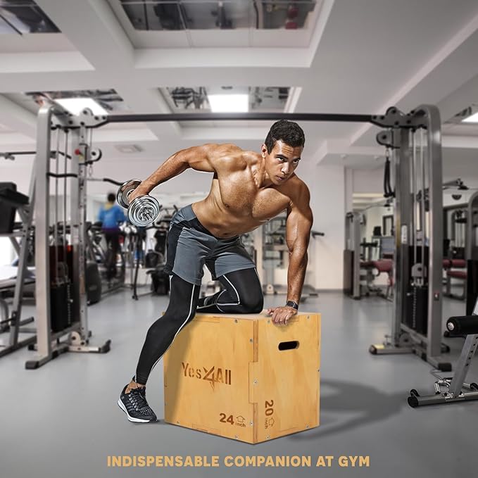 Yes4All Plyo Box, 3-in-1 Wooden Box Jumps for Home Gym, 450 lbs Boxes Step Up with Smooth Edges & Wide Built-in Handles for Jumping, Strength Training, Lunges, Squats, Dips