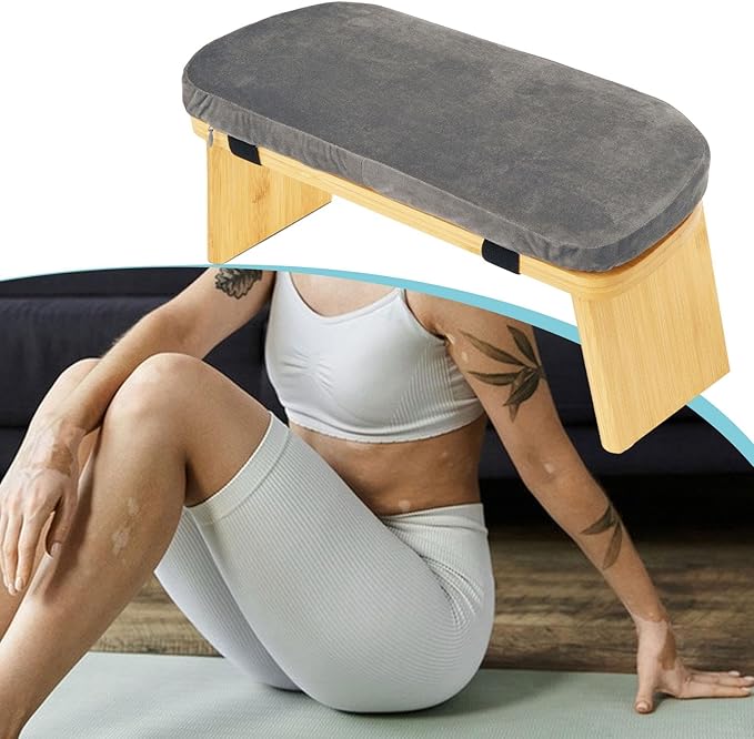 HouseVibe Meditation Bench Kneeling Stool Ergonomic Wood with Soft Cushion, Foldable, Portable Prayer Bench, Meditation Stool- Gray