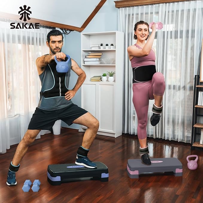 SAKAE Aerobics Step Platform Set with Weighted Vest & Measuring Tape, Adjustable Height 2 Level Risers Workout Step Trainer with Non-Slip Surface, Step Platform for Home Exercise, Multiple Colors