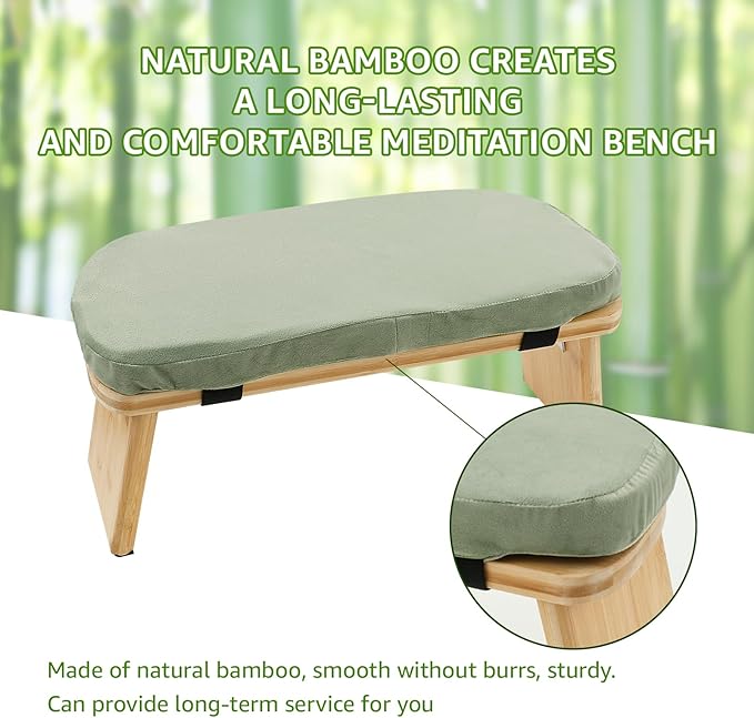 Folding Meditation Bench, Bamboo Kneeling Stool with Cushion, Portable Meditation Chair, Yoga Stool, Yoga Bench, Zen Practice, Comfortable Kneeling Chair, 16.9x7.5x7.1in (Green)