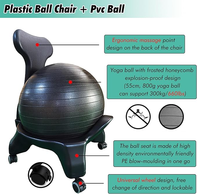 SRNSAEB Exercise Ball for Sitting at Desk, Home Balance Ball Chair Base for Yoga/Pilates/Birthing - Relieve Back Pain, Fitness Ball Seat with Air Pump/Screws(Pink)