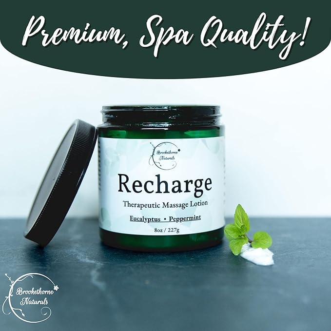 Recharge Massage Lotion for Massage Therapy & Home Use | Cream for Effortless Glide Massaging Body Lotion | Shea Butter, Coconut Oil, Eucalyptus, Peppermint Essential Oil - Brookethorne Naturals