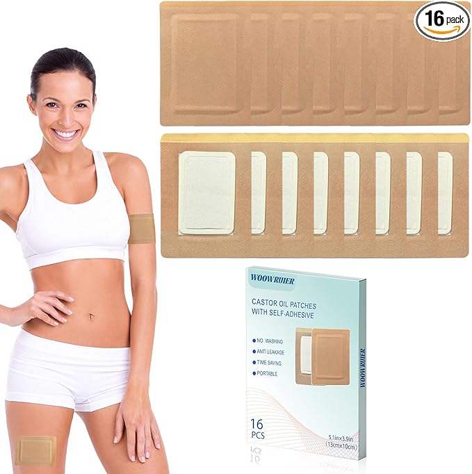 16 Pcs Castor Oil Patches, Disposable Portable Castor Oil Packs Patches with Anti Leakage Cotton for Belly/Arm/Neck (Oils Not Included), 5.1" x 3.9"