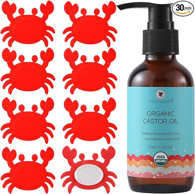 30Pcs Castor Oil Patch for Belly Button with 4oz Organic Castor Oil in Glass Bottle, Castor Oil Pack Belly Button Patches for Stomach Hand Self Adhesive (30pcs Crab Pack with Oil)