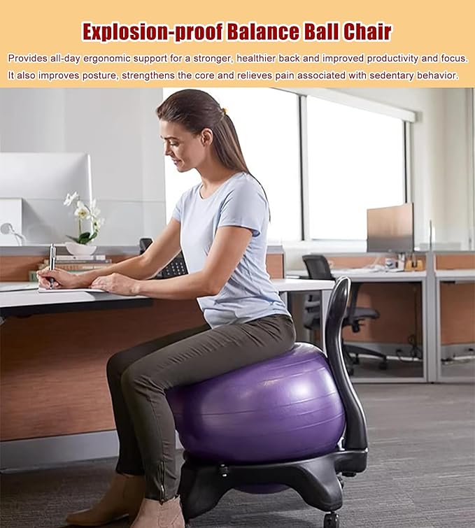 Ergonomic Balance Ball Chair, Exercise Ball Chair, Inflatable Yoga Ball Chair Suitable for Home, Gym, Office, and Classroom Use.