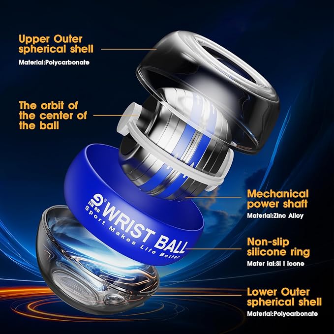 Auto-Start Gyro Ball Wrist Trainer, Gyroscopic Forearm Exerciser for Strengthening Arms, Fingers and Muscles (Blue No Light)