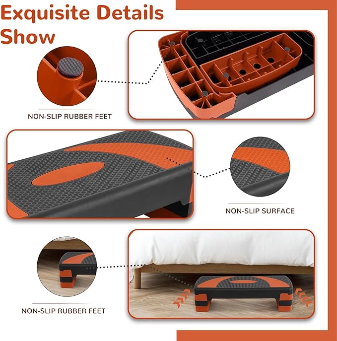 Fitvids Workout Step Aerobic Platform – 31" Exercise Step with 3 levels Adjustable Height – nan – Tangerine