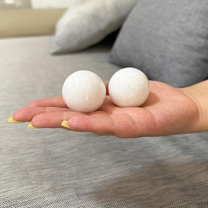 Natural Marble Baoding Chinese Meditation Balls, Stress Relief Hand Exercise Therapy Set, White Medium-1.57"